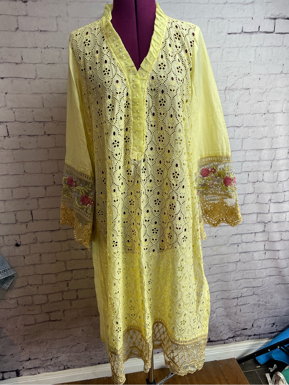 Maria B size large yellow eyelet lace Kurta